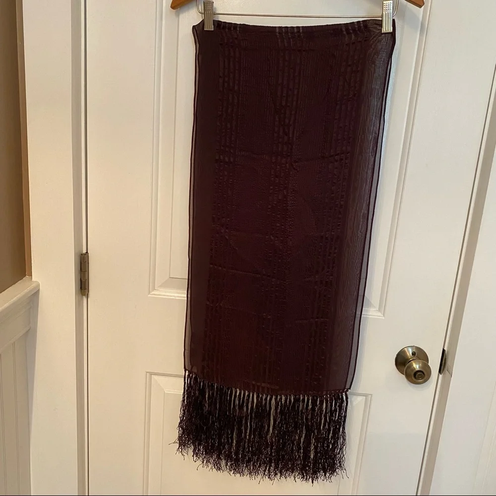 TANNER SCARF BROWN SILK SHEER RIBBED TEXTURE FRINGE LONG RECTANGLE ACCESSORY